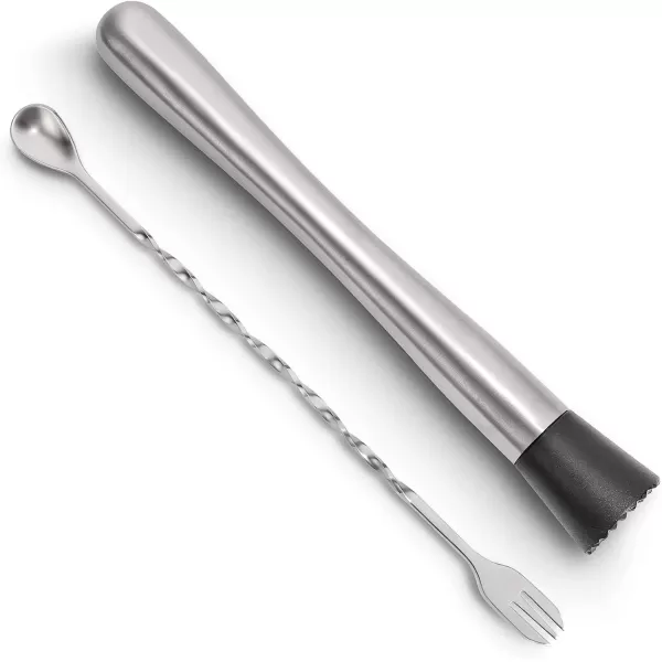 imageHiware 10 Inch Stainless Steel Cocktail Muddler and Mixing Spoon Home Bar Tool Set  Create Delicious Mojitos and Other Fruit Based Drinks