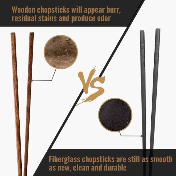 imageHiware 10Pair Reusable Fiberglass Chopsticks NonSlip Chop Sticks Set Japanese Style Dishwasher Safe 95InchBlack