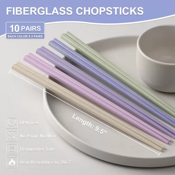 imageHiware 10Pair Reusable Fiberglass Chopsticks NonSlip Chop Sticks Set Japanese Style Dishwasher Safe 95InchMulticolor