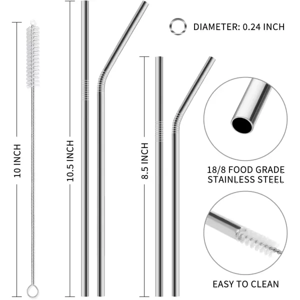 imageHiware 12Pack Gold Stainless Steel Straws Reusable with Case  Metal Drinking Straws for 30oz ampamp 20oz Tumblers Dishwasher Safe 2 Brushes IncludedSilver