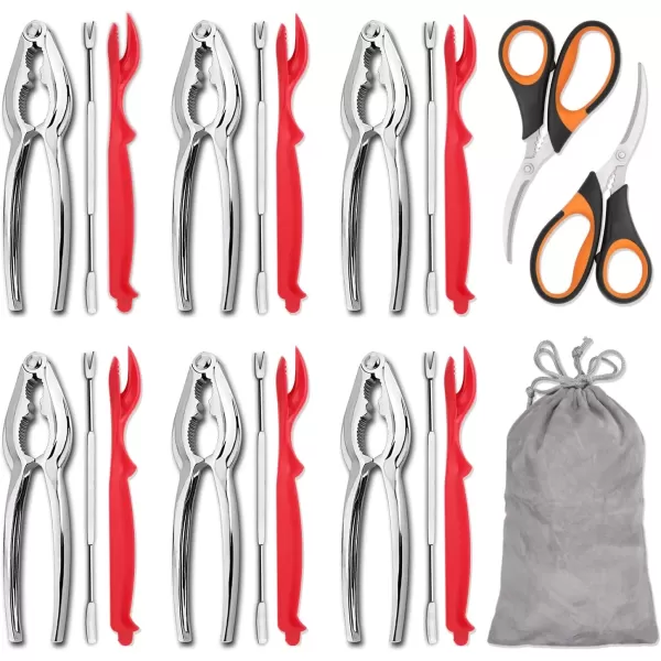 imageHiware 20piece Seafood Tools Set includes 6 Crab Crackers 6 Lobster Shellers 6 Crab Leg ForksPicks and 2 Seafood Scissors ampamp Storage Bag  Nut Cracker Set