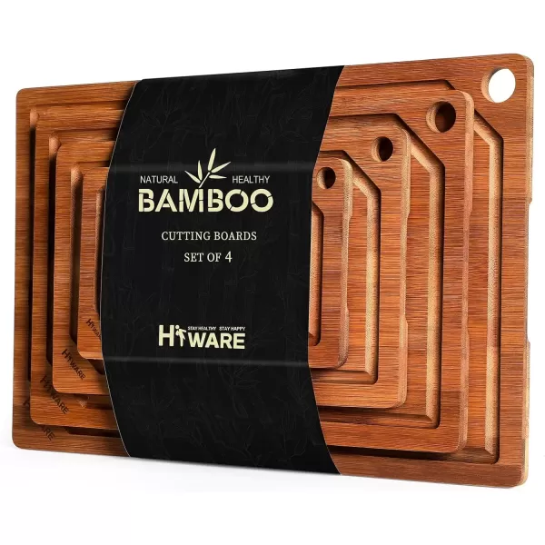 imageHiware 4Piece Extra Large Bamboo Cutting Boards Set for Kitchen Heavy Duty Cutting Board with Juice Groove Bamboo Chopping Board Set for Meat Vegetables  Pre OiledBrown