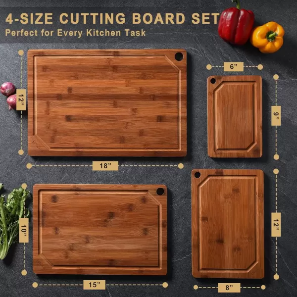 imageHiware 4Piece Extra Large Bamboo Cutting Boards Set for Kitchen Heavy Duty Cutting Board with Juice Groove Bamboo Chopping Board Set for Meat Vegetables  Pre OiledBrown