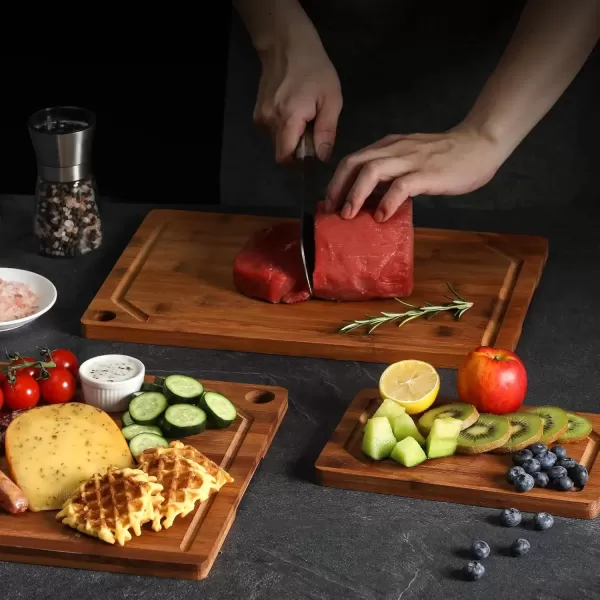 imageHiware 4Piece Extra Large Bamboo Cutting Boards Set for Kitchen Heavy Duty Cutting Board with Juice Groove Bamboo Chopping Board Set for Meat Vegetables  Pre OiledBrown