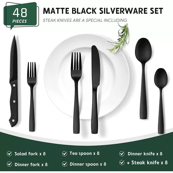 imageHiware 72Piece Silverware Set for 12 Stainless Steel Flatware Cutlery Set For Home Kitchen Restaurant Hotel Mirror Polished Dishwasher SafeBlack