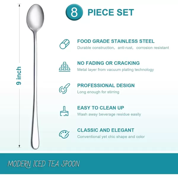 imageHiware 8Piece 9Inch Long Handle Iced Tea Spoon Coffee Spoon Ice Cream Spoon Stainless Steel Cocktail Stirring SpoonsSilver