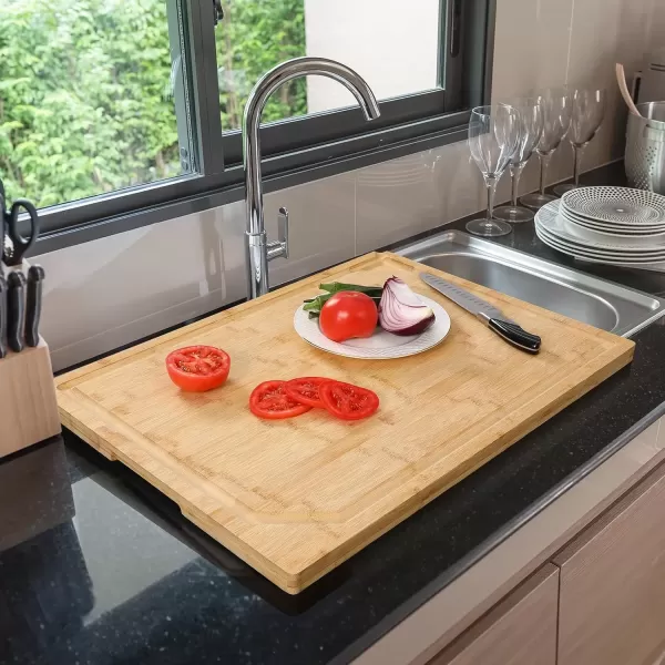 imageHiware Bamboo Cutting Board for Kitchen Heavy Duty Wood Cutting Board with Juice Groove 100 Organic Bamboo Pre Oiled 15quot x 10quotNatural