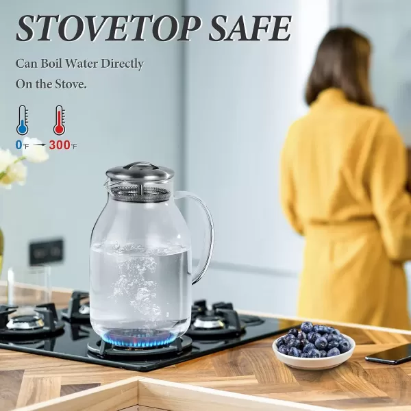 imageHiware Glass Pitcher with Lid and Spout  68 OZ Water Pitcher for HotCold Water ampamp Iced Tea 188 Stainless Steel Lid High Heat Resistance 100 Leadfree Clear