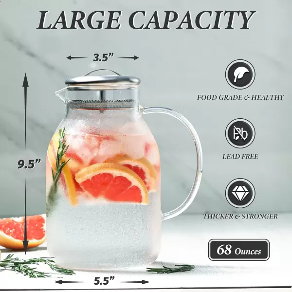 imageHiware Glass Pitcher with Lid and Spout  68 OZ Water Pitcher for HotCold Water ampamp Iced Tea 188 Stainless Steel Lid High Heat Resistance 100 Leadfree Clear