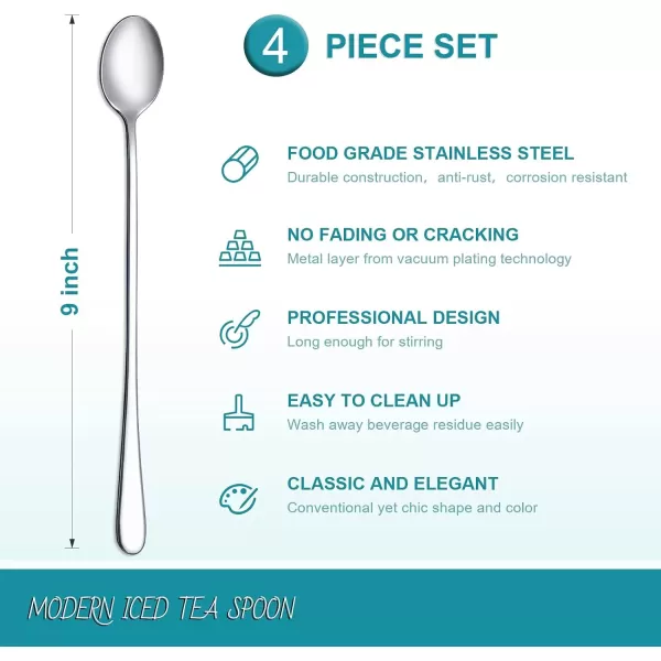imageHiware Matte Black 9Inch Long Handle Iced Tea Spoon Coffee Spoon Ice Cream Spoon Stainless Steel Cocktail Stirring Spoons Set of 4Silver