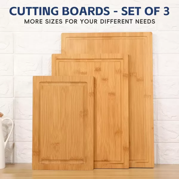 imageHiware Wood Cutting Boards for Kitchen Heavy Duty Bamboo Cutting Board with Juice Groove Bamboo Chopping Board Set for Meat Vegetables  Set of 3