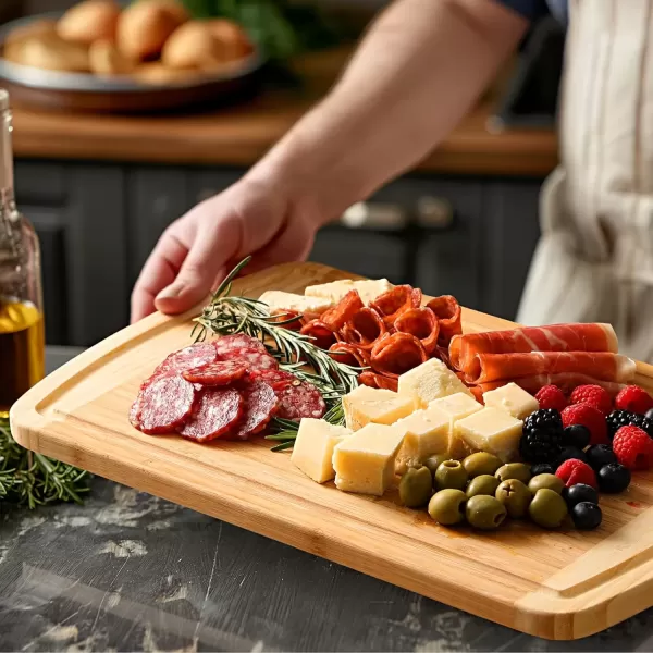 imageLarge Wooden Cutting Board for Kitchen Meal Prep ampamp Serving  Bamboo Cutting Boards with Juice Groove Side Handles Charcuterie ampamp Chopping Butcher Block  100 Organic Bamboo Pre Oiled 16quot x 10quot
