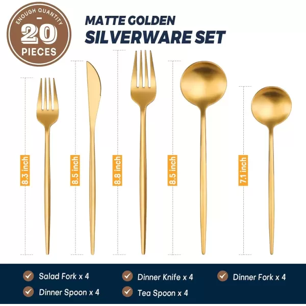 imageLuxury Matte Gold Silverware Set 20Piece 188 Stainless Steel Flatware Sets for 4 Dishwasher SafeMatte Gold