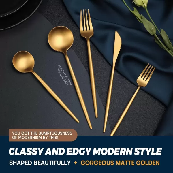 imageLuxury Matte Gold Silverware Set 20Piece 188 Stainless Steel Flatware Sets for 4 Dishwasher SafeMatte Gold