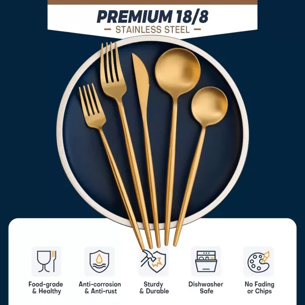 imageLuxury Matte Gold Silverware Set 20Piece 188 Stainless Steel Flatware Sets for 4 Dishwasher SafeMatte Gold