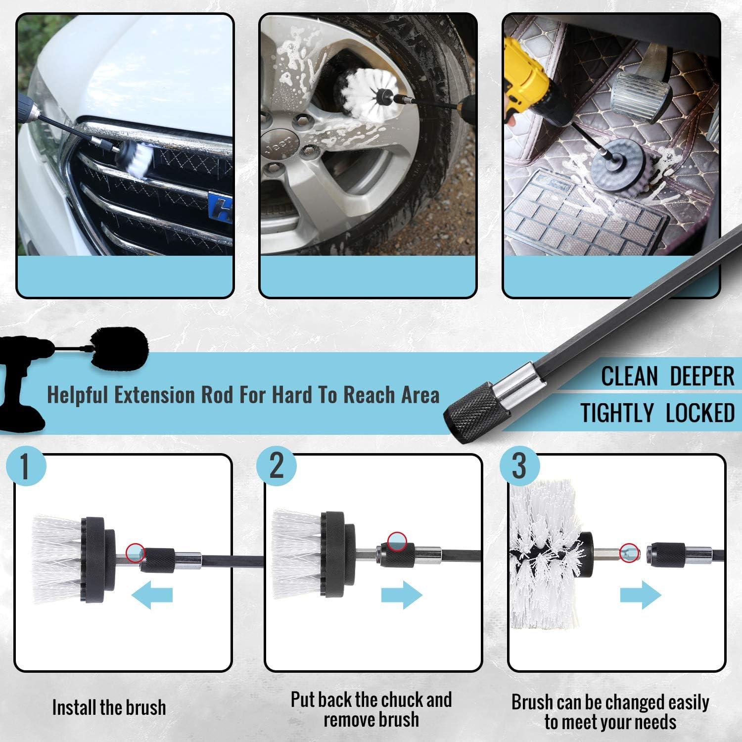 imageHIWARE 16 Pcs Drill Brush Car Detailing Kit  Car Polishing ampamp Buffing Pads Kit  Soft Bristle Power Scrubber with Extend Attachment for Cleaning Car Interior Boat Carpet Upholstery Bathroom