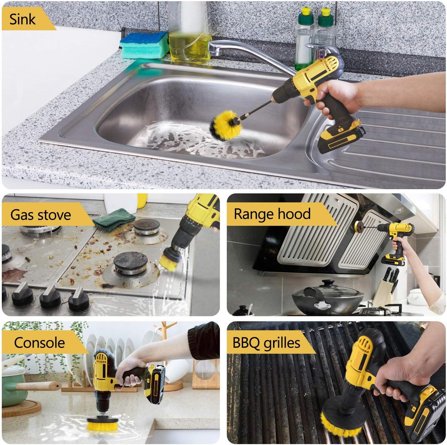 imageHIWARE Drill Brush Attachment Set Yellow Plastic Handle 3 Sized Brush Heads for Cleaning Bathtub Shower Floor Carpet Kitchen Bathroom and MoreYellow