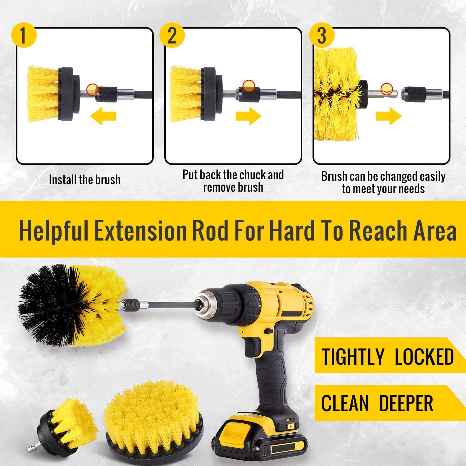 imageHIWARE Drill Brush Attachment Set Yellow Plastic Handle 3 Sized Brush Heads for Cleaning Bathtub Shower Floor Carpet Kitchen Bathroom and MoreYellow