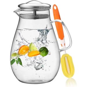 imageHIWARE 64 Ounces Glass Pitcher with Stainless Steel Lid  Water Carafe with Handle  Good Beverage Pitcher for Homemade Juice ampamp Iced Tea Cleaning Brush Included