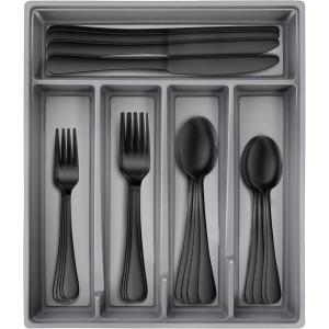 imageHiware 20Piece Black Silverware Set with Tray Stainless Steel Flatware Cutlery Set Service for 4 Kitchen Black Utensils Tableware Set for Home Restaurant Mirror Finish Dishwasher SafeBlack