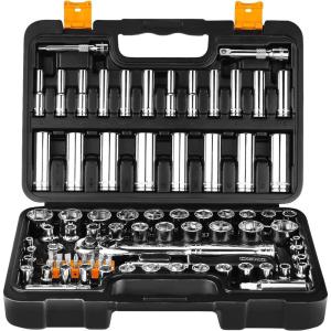 image85PCS 14quot and 38quot Drive Impact Socket Wrench Ratchet Tool Set Deep ampamp Shallow Kit SAE ampamp Metric Sockets with QuickRelease Ratchet Handle and Extension Bar for Car Repair and Home Use