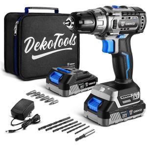 imageCordless drill set DEKO 20V Brushless Drill Driver Kit 2 Batteries 42 NM 38Inch 2Variable Speed Fast Charger 13pcs Bits Accessories with Storage Bag
