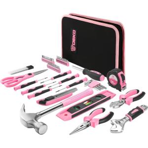 imageDEKO Pink Tool Set 110 Piece Household Tool KitLadies Portable Tool Set with Easy Carrying Pouch Perfect for DIY Projects Home Maintenance
