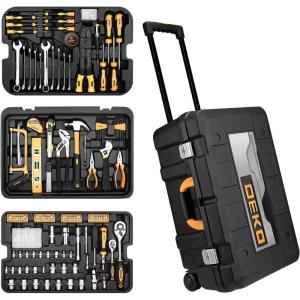 imageDEKOPRO 258 Piece Tool Kit with Rolling Tool Box Socket Wrench Hand Tool Set Mechanic Case Trolley Portable