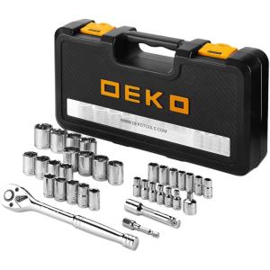 imageDEKOPRO Drive Socket Set34Piece 14quotampamp 38quot Drive Socket Wrench Setfor Mechanics  Professional CRV SAE ampamp Metric Sockets with QuickRelease RatchetSocket AdaptersExtension Bar and Drill Adapter