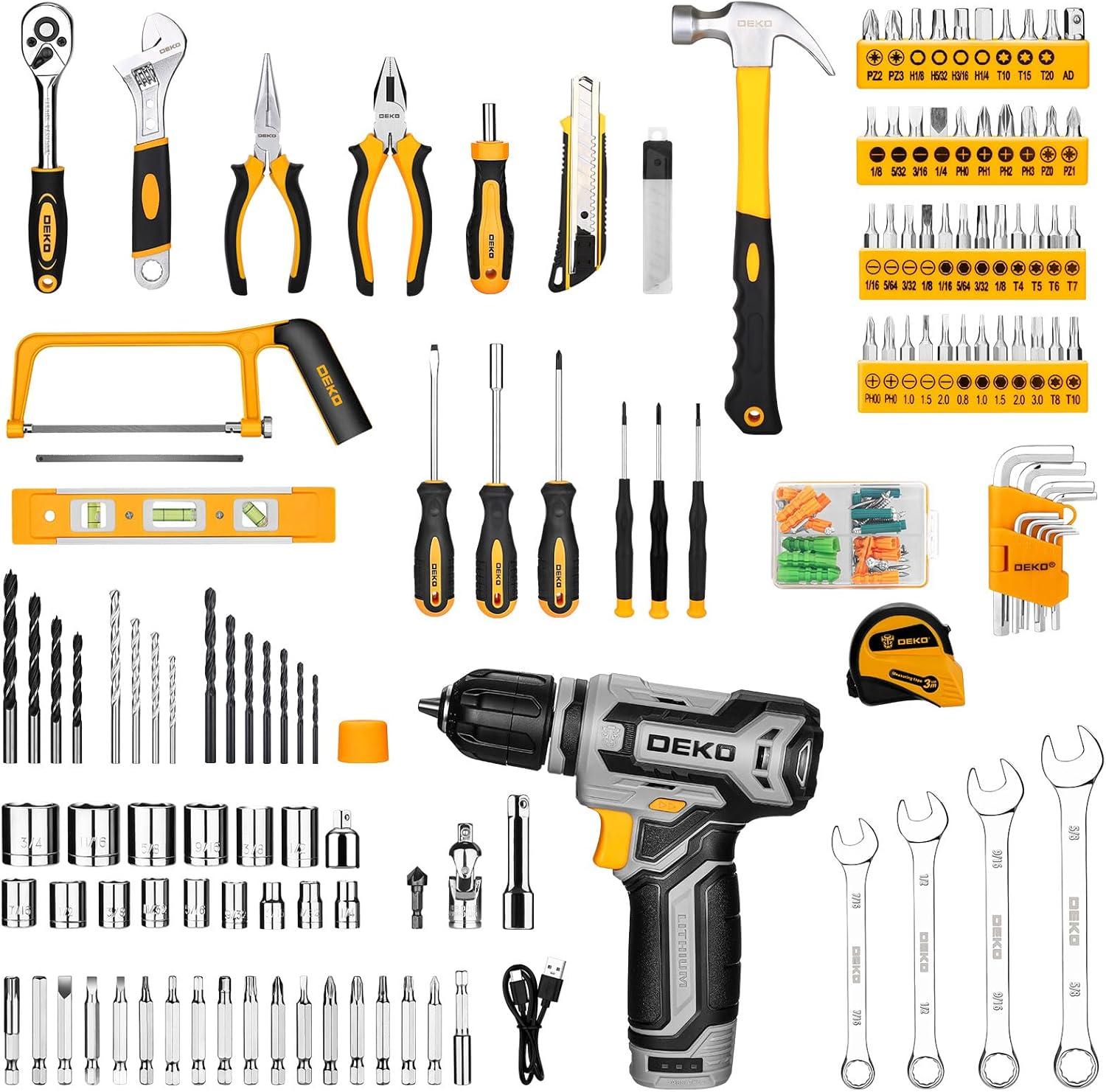 imageTool Kit Box Drill SetDEKOPRO Home Mechanic Toolbox with 12V Power Cordless Drill Hand Repair Tools Sets Combo Kits Storage Organizer Drawer Case for Men