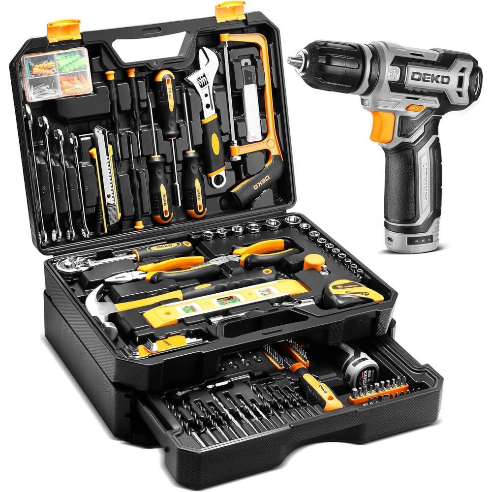 imageTool Kit Box Drill SetDEKOPRO Home Mechanic Toolbox with 12V Power Cordless Drill Hand Repair Tools Sets Combo Kits Storage Organizer Drawer Case for Men