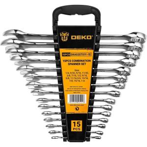 imageDEKOPRO Combination Wrench Set SAEampampMetric 30piece 14 to 1 ampamp 822mm 12Point Chrome Vanadium Steel with Plastic Tray15Piece 141 in