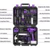 imageDEKOPRO Drill Set Home Tool Set with 8V Pink Cordless Drill Hand Tool Kit for Women 126 pcsPurple
