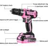 imagePower Drill Cordless DEKO PRO Pink Cordless Drill 20V Electric Power Drill Set Tool for Women Drills with Battery and Charger 20 Volt Drills Driver KitPink