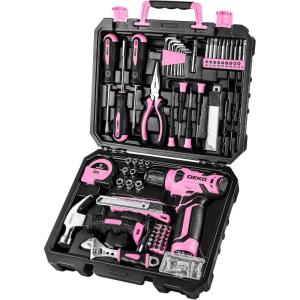 imageDEKOPRO Drill Set Home Tool Set with 8V Pink Cordless Drill Hand Tool Kit for Women 126 pcsPink