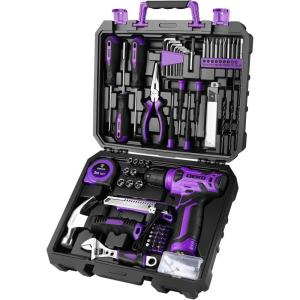 imageDEKOPRO Drill Set Home Tool Set with 8V Pink Cordless Drill Hand Tool Kit for Women 126 pcsPurple