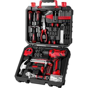 imageDEKOPRO Drill Set Home Tool Set with 8V Pink Cordless Drill Hand Tool Kit for Women 126 pcsRed