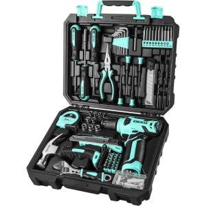 imageDEKOPRO Drill Set Home Tool Set with 8V Pink Cordless Drill Hand Tool Kit for Women 126 pcsTurquoise