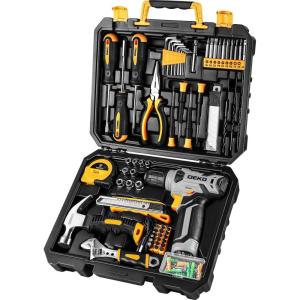 imageDEKOPRO Drill Set Home Tool Set with 8V Pink Cordless Drill Hand Tool Kit for Women 126 pcsYellow