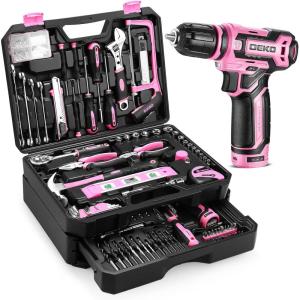 imagePink Tool Kit Box Drill SetDEKOPRO Home Mechanic Toolbox with 12V Power Cordless Drill Hand Repair Tools Sets Combo Kits Storage Organizer Drawer Case for Men ampamp WomenPink