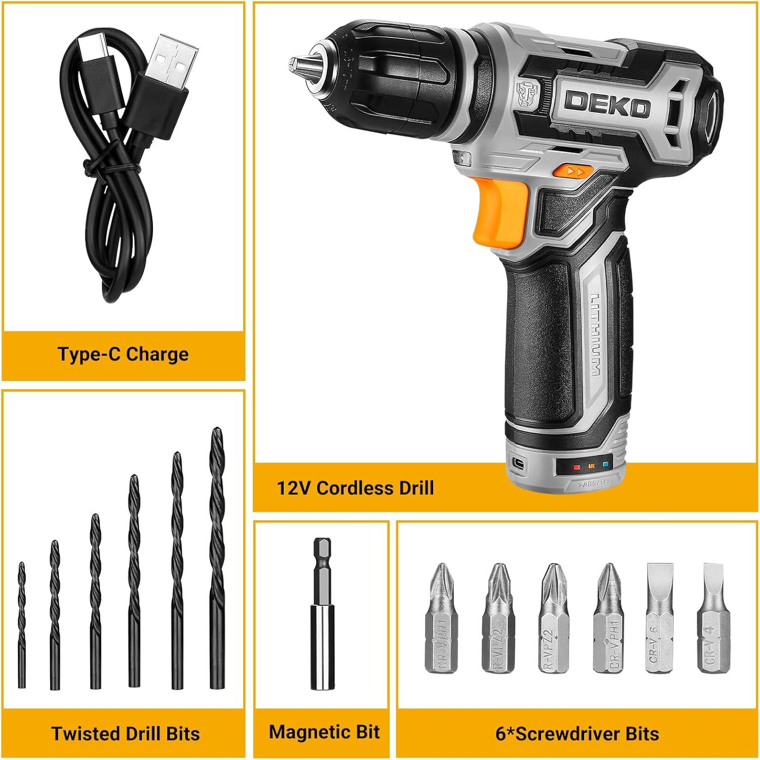 imageCordless Drill DEKO PRO 12V Power Battery Drill Set with Small Electric Drills and 38inch Keyless Chuck with Portable Tool Set Gift BoxGrey