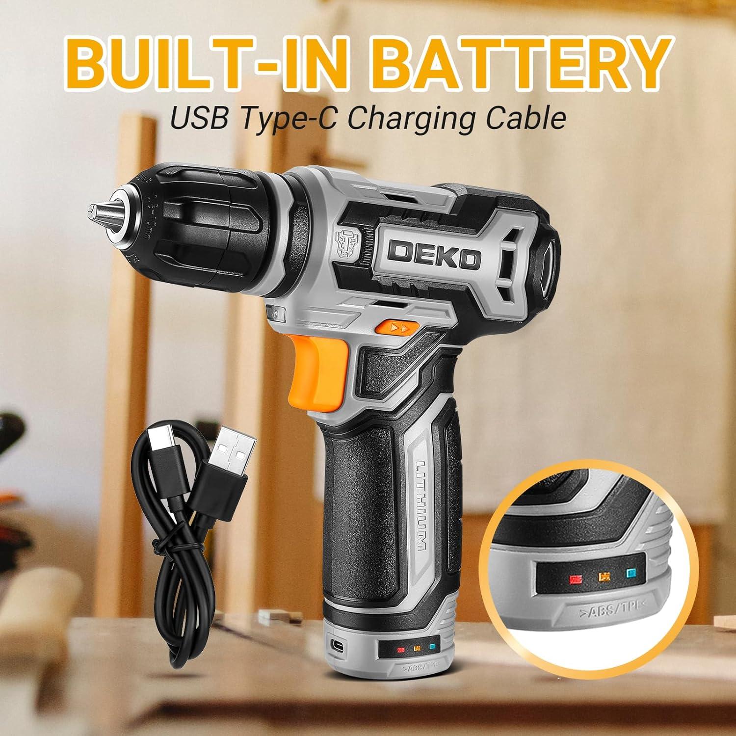 imageCordless Drill DEKO PRO 12V Power Battery Drill Set with Small Electric Drills and 38inch Keyless Chuck with Portable Tool Set Gift BoxGrey