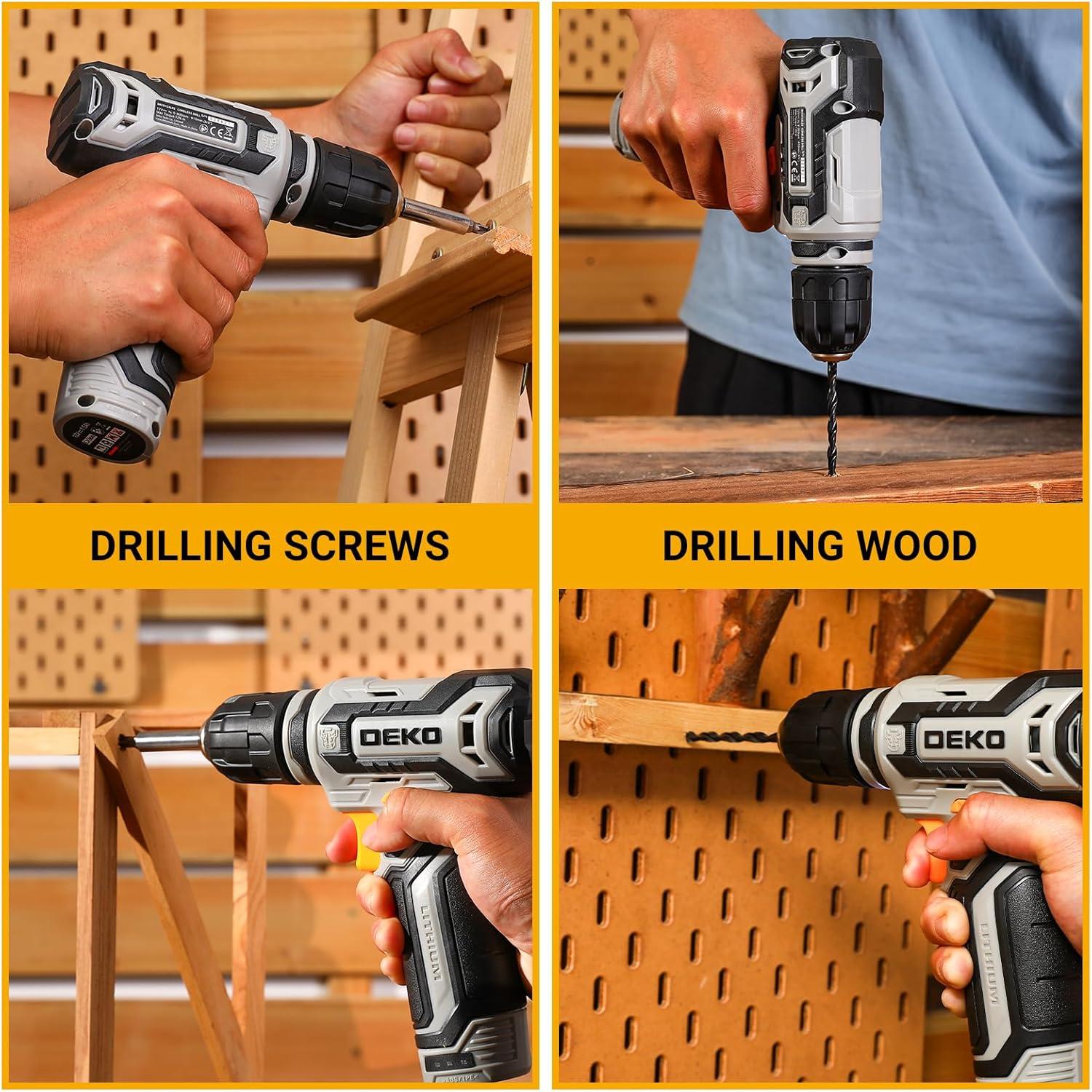 imageCordless Drill DEKO PRO 12V Power Battery Drill Set with Small Electric Drills and 38inch Keyless Chuck with Portable Tool Set Gift BoxGrey