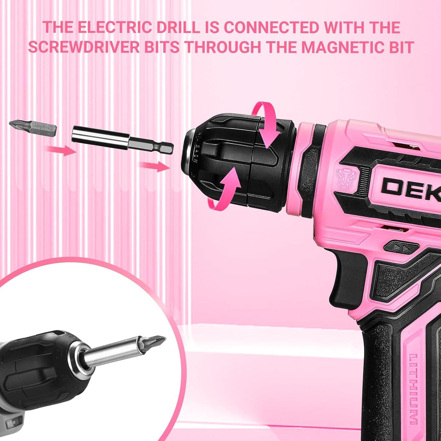 imageCordless Drill DEKO PRO 12V Power Battery Drill Set with Small Electric Drills and 38inch Keyless Chuck with Portable Tool Set Gift BoxPink