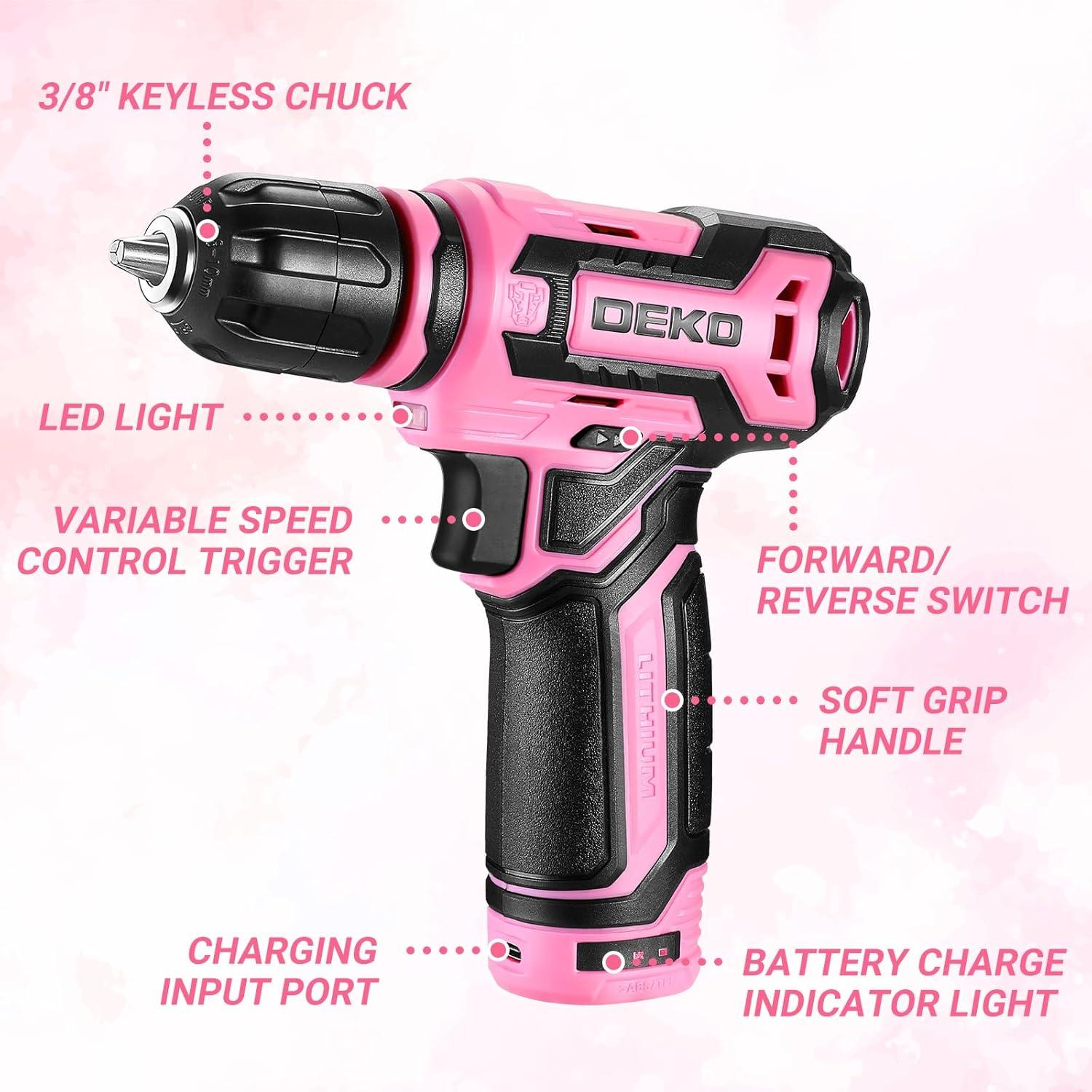imageCordless Drill DEKO PRO 12V Power Battery Drill Set with Small Electric Drills and 38inch Keyless Chuck with Portable Tool Set Gift BoxPink