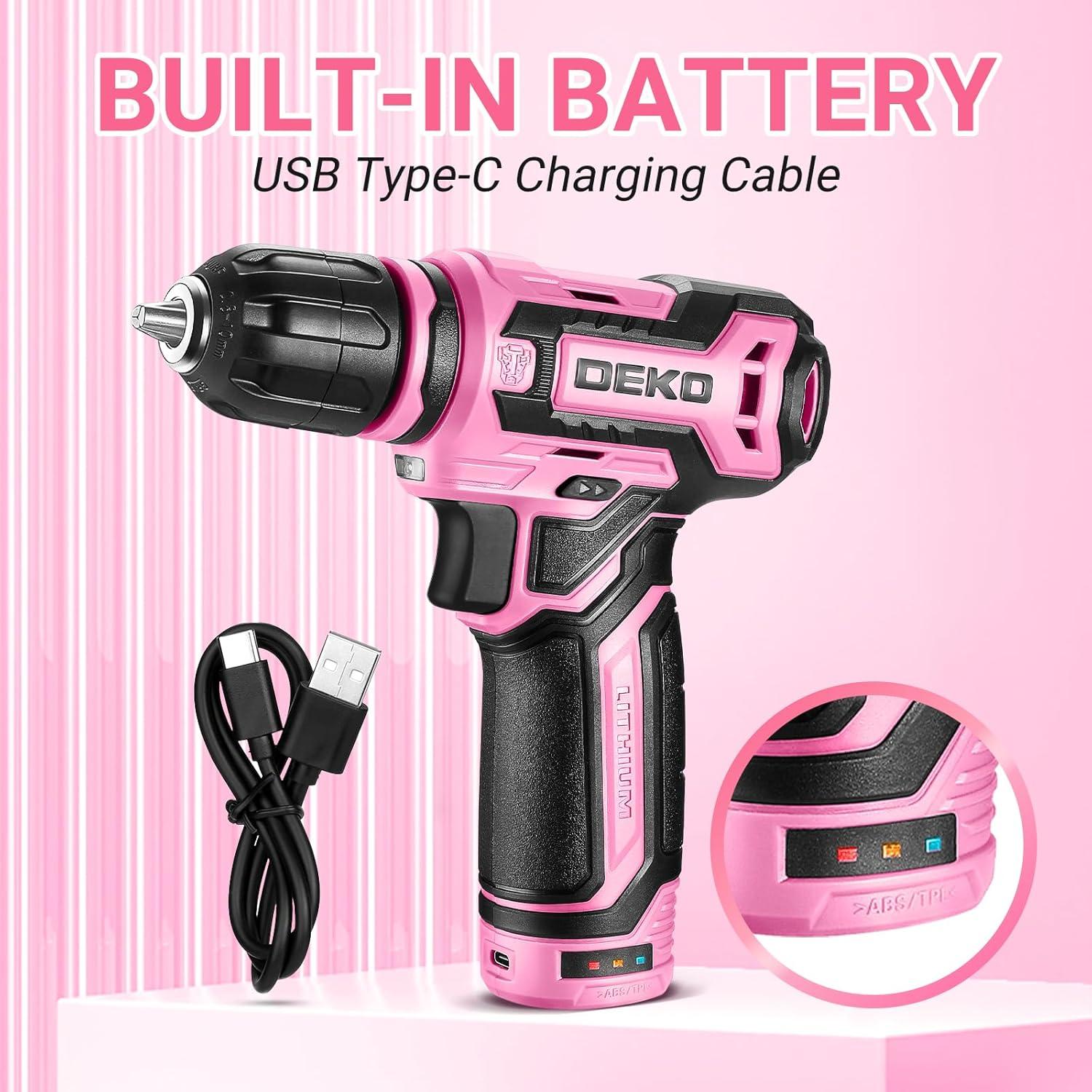imageCordless Drill DEKO PRO 12V Power Battery Drill Set with Small Electric Drills and 38inch Keyless Chuck with Portable Tool Set Gift BoxPink