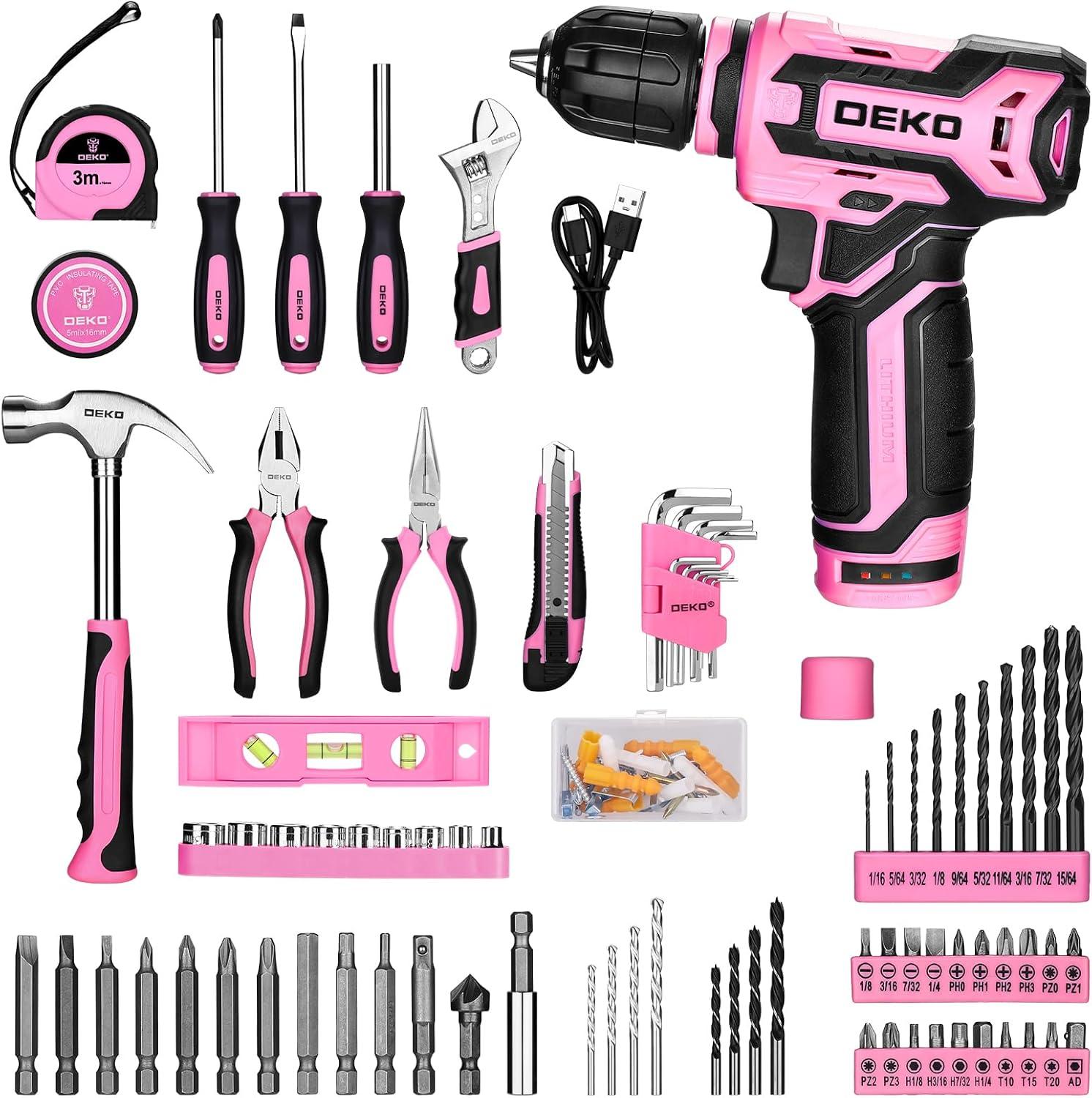 imagePink Tool Set Tool kit with 12V Cordless Drill Set for Women Home Hand Repair Tools Sets Drills Case