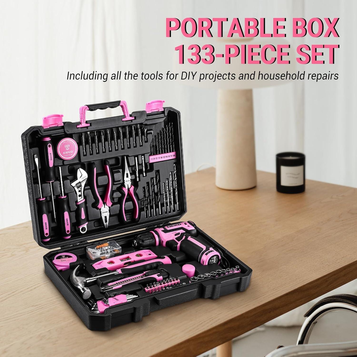 imagePink Tool Set Tool kit with 12V Cordless Drill Set for Women Home Hand Repair Tools Sets Drills Case