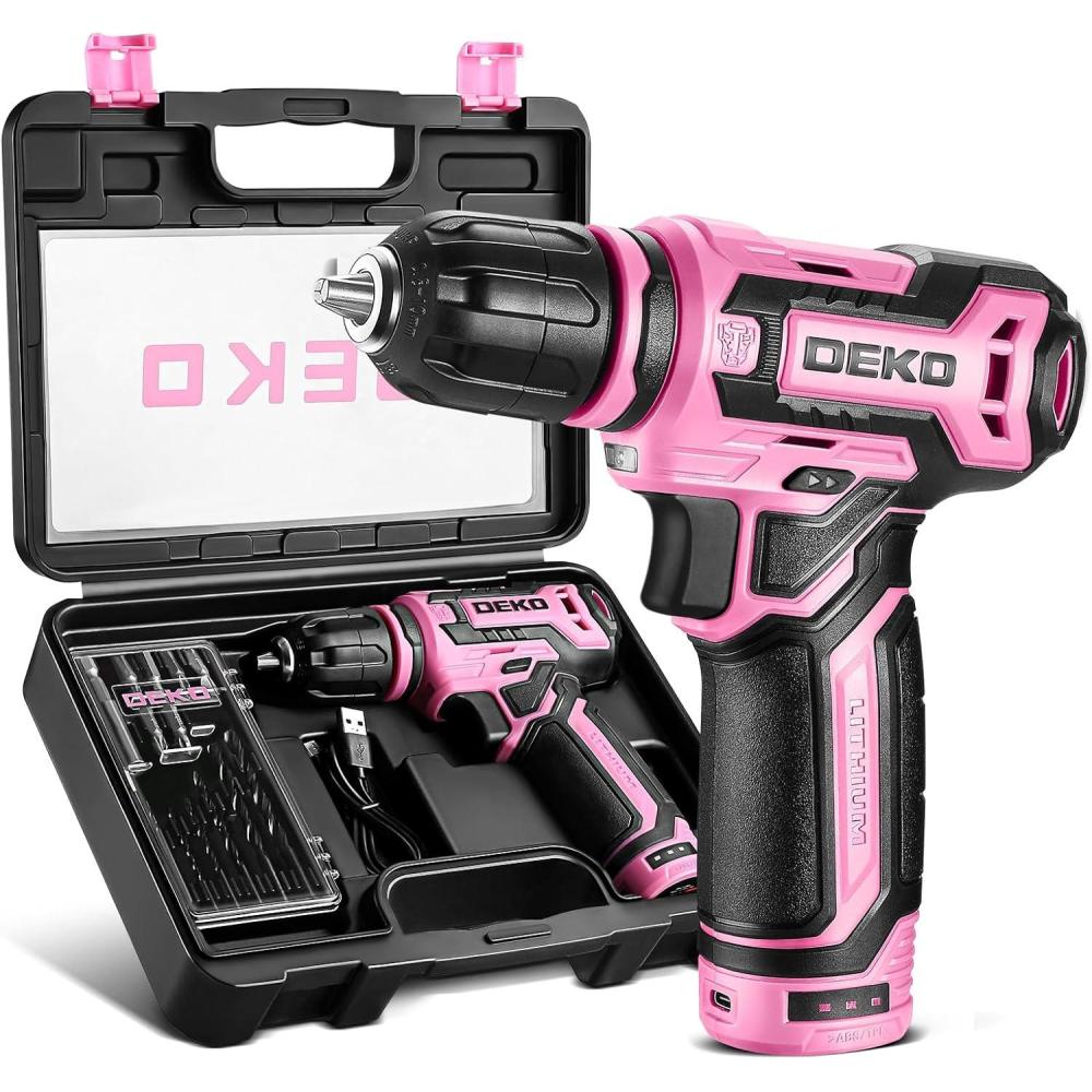 imageCordless Drill DEKO PRO 12V Power Battery Drill Set with Small Electric Drills and 38inch Keyless Chuck with Portable Tool Set Gift BoxPink