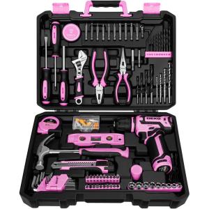 imagePink Tool Set Tool kit with 12V Cordless Drill Set for Women Home Hand Repair Tools Sets Drills Case